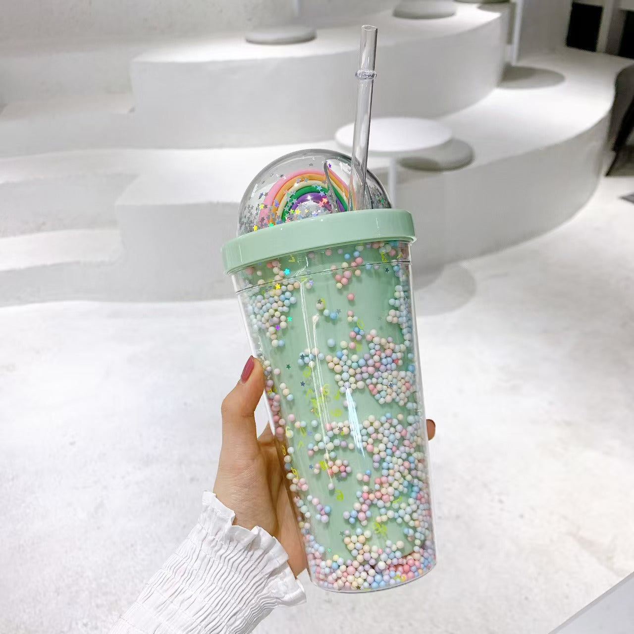 Rainbow Bubble Straw Cup 550ml – Cute Summer Portable PS & Silicone Tumbler with Straw for Girls