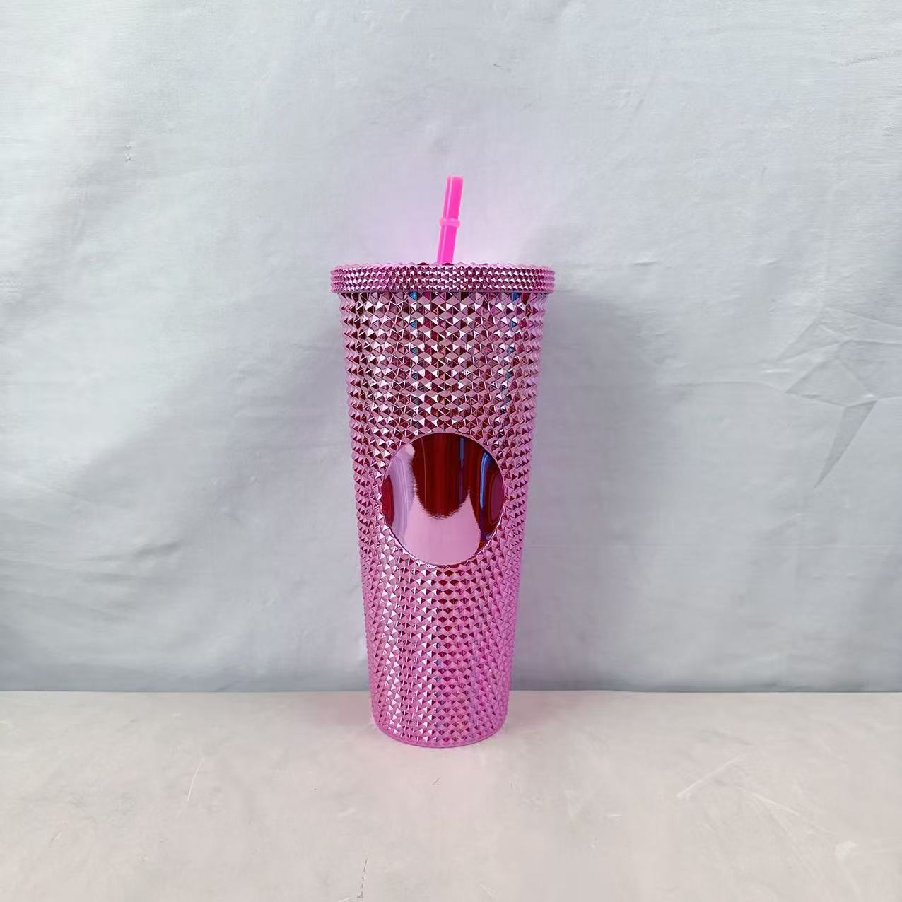 24oz Plastic Double Wall Straw Tumbler Color Plated Finish Large Capacity Travel Drink Cup