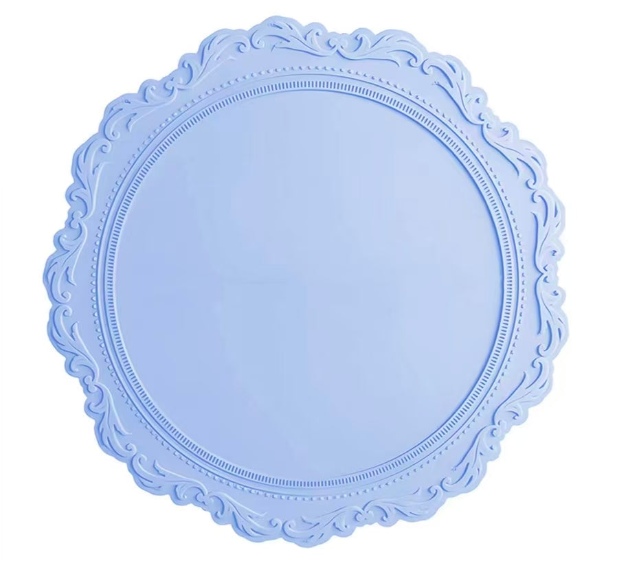 Round Embossed Silicone Placemat Scalloped Edge Non Slip Heat Resistant Table Mat Vintage Floral Coaster Style