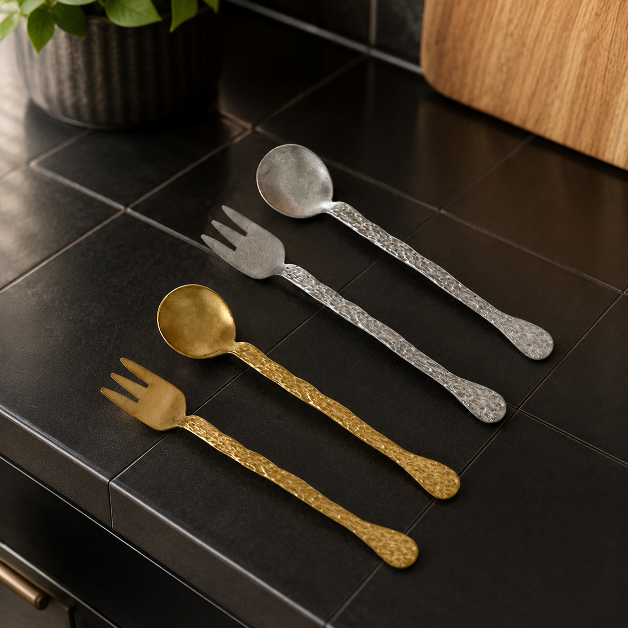 304 Stainless Steel Vintage Tree Bark Texture Flatware Set, Fruit Fork & Dessert Spoon Set for Pastry, Cake, Coffee, and Home Dining