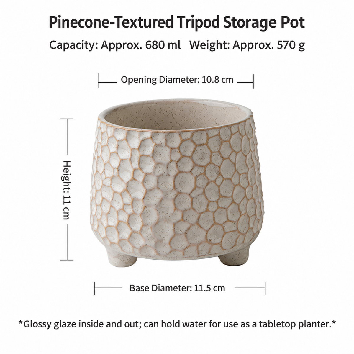 Textured Ceramic Storage Jar – 680ml Three-Leg Countertop Organizer, Utensil Holder or Small Planter