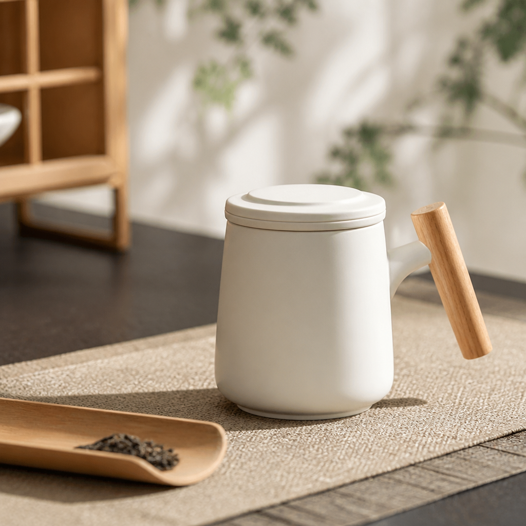 Ceramic Tea Mug with Wooden Handle – Lidded Office Cup