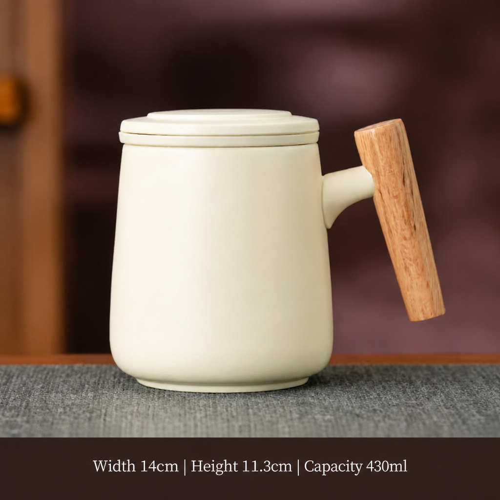 Ceramic Tea Mug with Wooden Handle – Lidded Office Cup