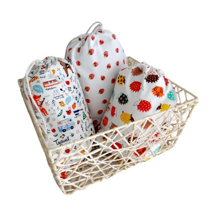 Cute Printed Cotton Drawstring Storage Bag