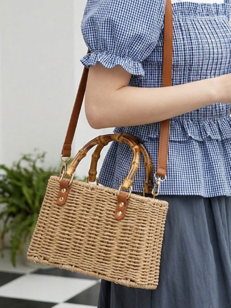 Minimalist Woven Straw Mini Square Bag – Medium Size Handbag with Stitching Detail