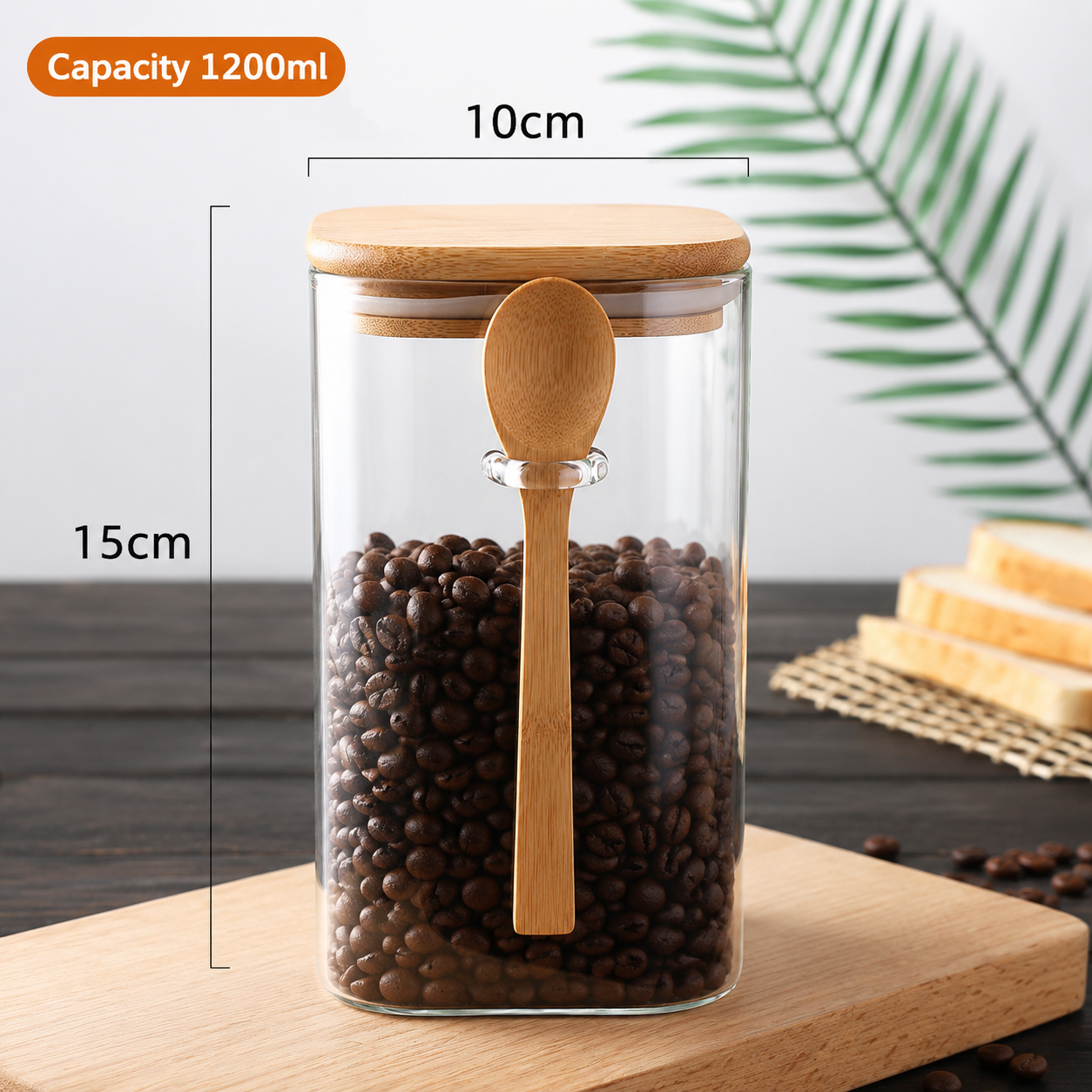 Glass Storage Jar with Bamboo Lid – High Borosilicate Spice Container with Scoop