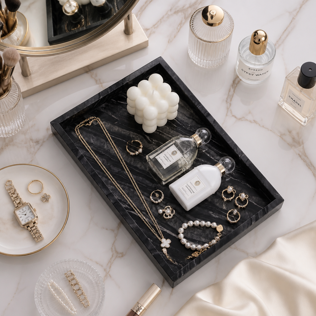 Premium Natural Marble Vanity Tray – Elegant Storage & Display Organizer