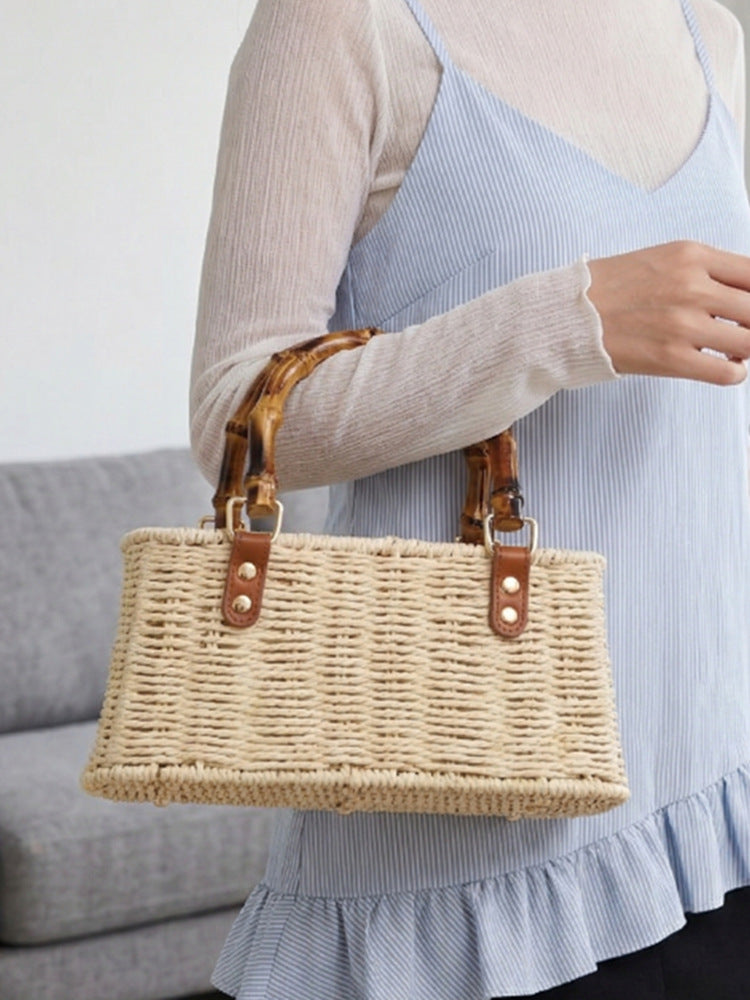 Minimalist Woven Straw Mini Square Bag – Medium Size Handbag with Stitching Detail