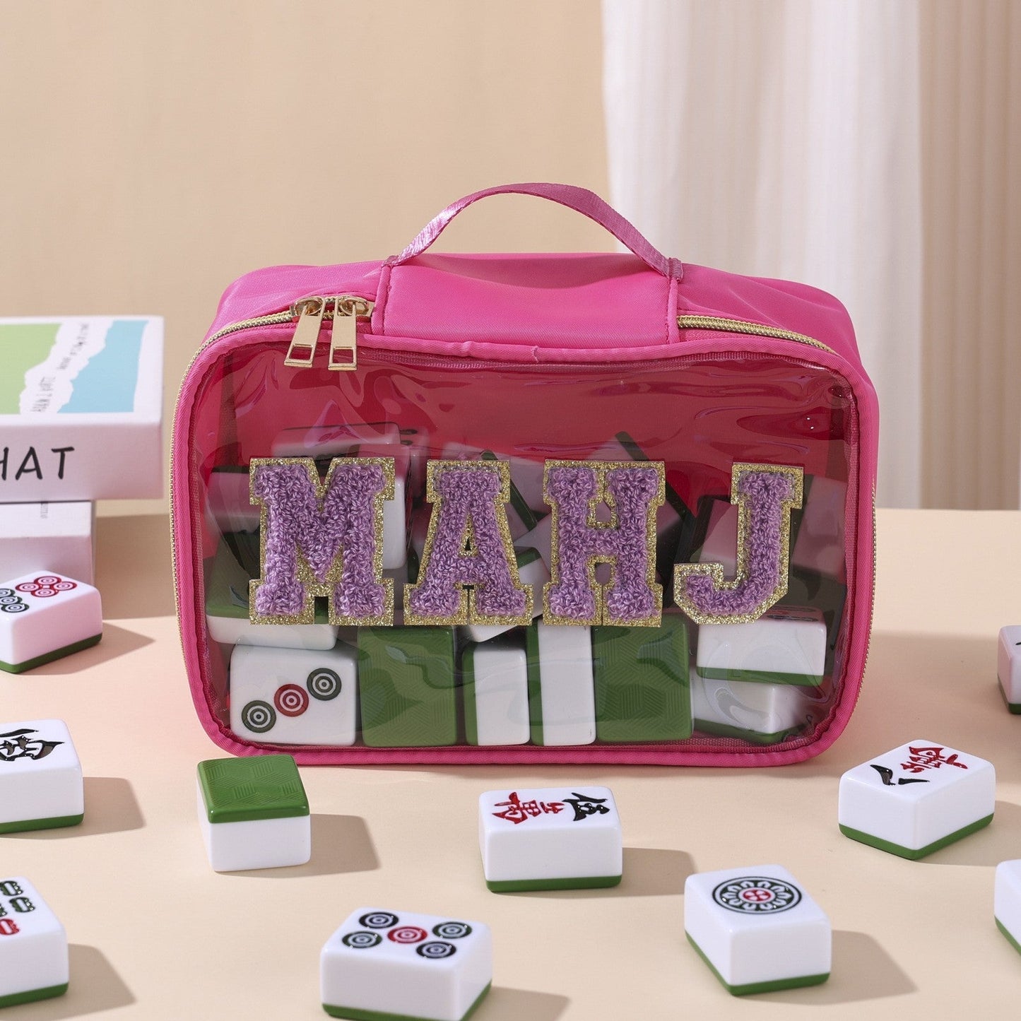 Large Mahjong Storage Bag – Waterproof PVC Travel Organizer with Letter Design for Mahjong Sets & Accessories
