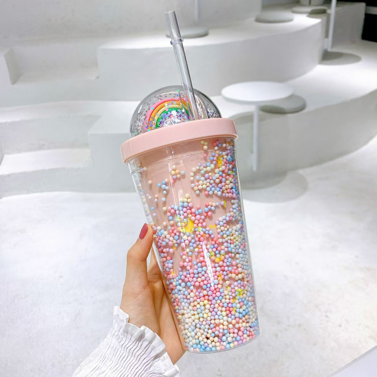 Rainbow Bubble Straw Cup 550ml – Cute Summer Portable PS & Silicone Tumbler with Straw for Girls