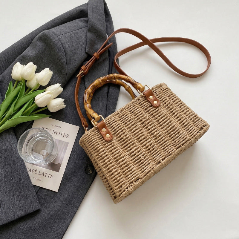 Minimalist Woven Straw Mini Square Bag – Medium Size Handbag with Stitching Detail