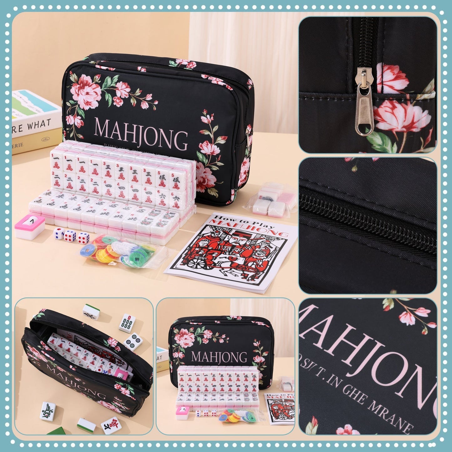 Mahjong Set Bag – Waist Bag with Printed Mahjong Pattern, Cosmetic Bag, Multi-Functional Large-Capacity Storage Organizer