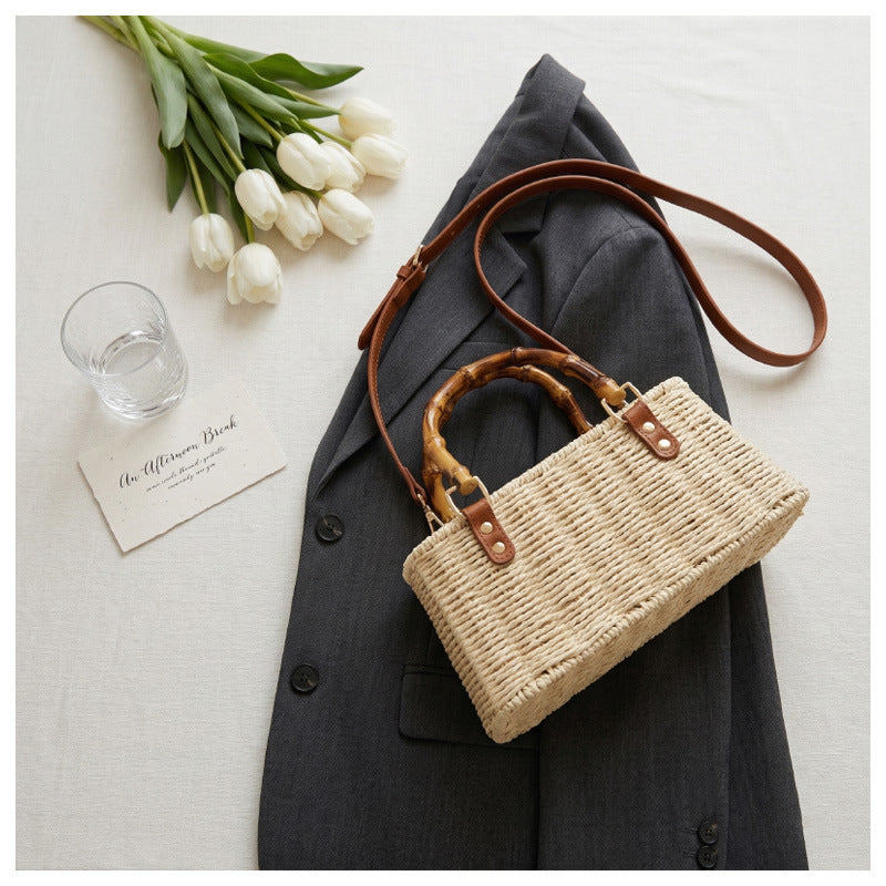 Minimalist Woven Straw Mini Square Bag – Medium Size Handbag with Stitching Detail