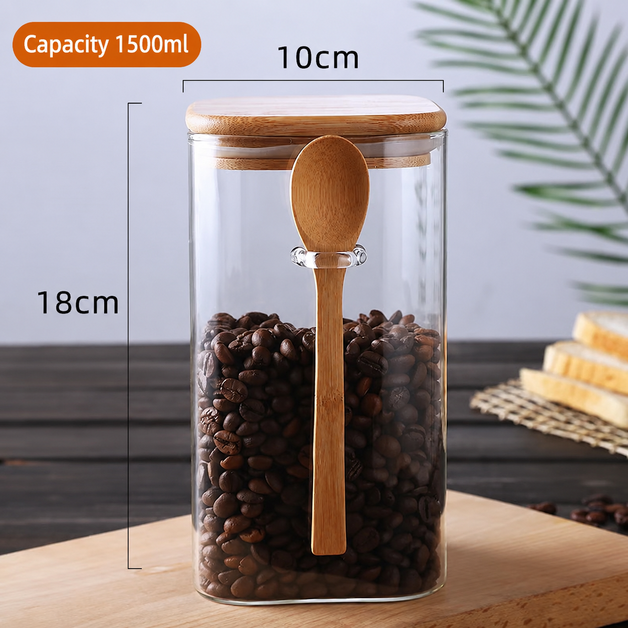 Glass Storage Jar with Bamboo Lid – High Borosilicate Spice Container with Scoop