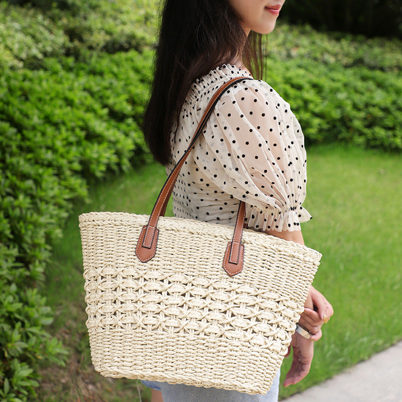 Vintage Woven Straw Bag – Medium Retro European Style Handbag with Cotton Blend Lining