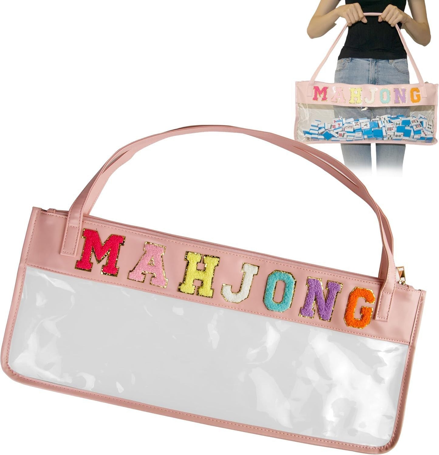 Large Mahjong Storage Bag – Waterproof PVC Travel Organizer with Letter Design for Mahjong Sets & Accessories