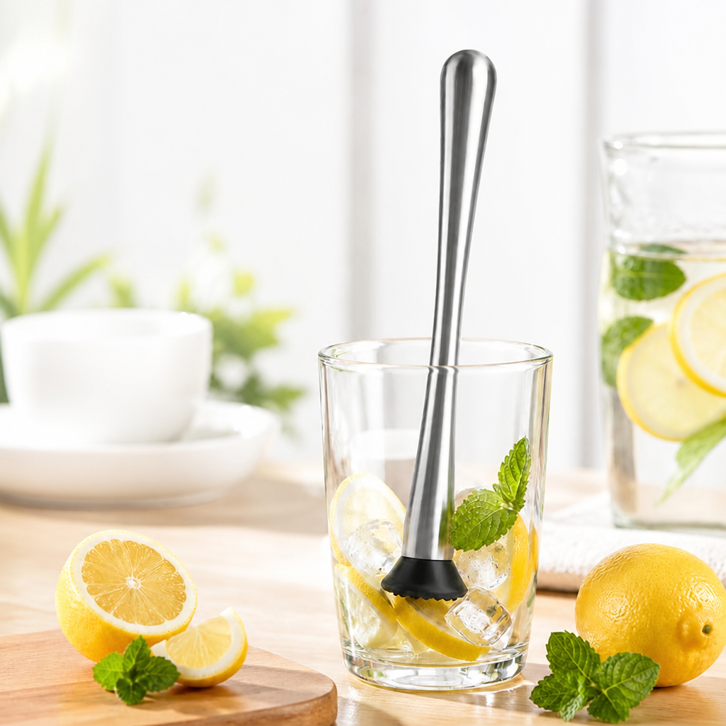 Stainless Steel Cocktail Muddler with Non-Slip PP Head, Ergonomic Slim Waist Fruit Muddler for Bar