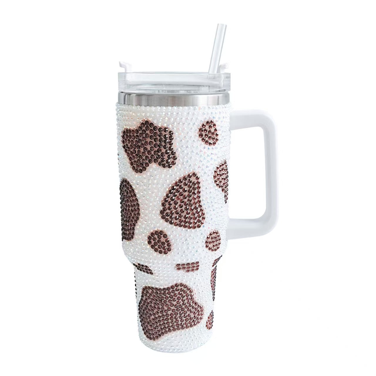 40oz Stainless Steel Cow Print Rhinestone Insulated Tumbler With Handle Large Travel Mug Sparkle Cup