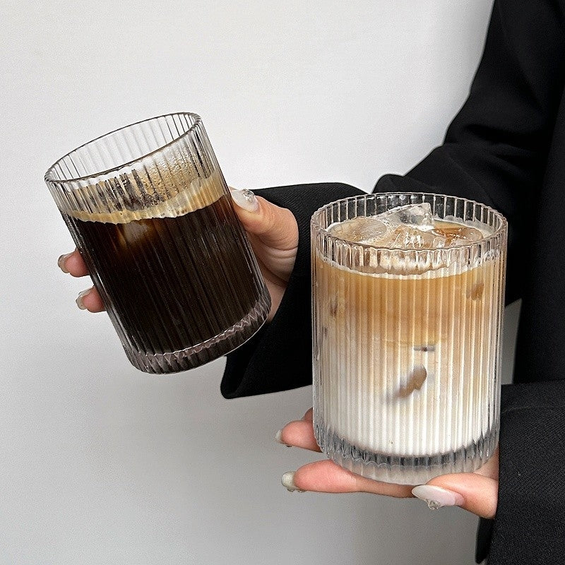 Vertical Striped High Borosilicate Glass Cup 250ml, Round Iced Latte Coffee Tumbler