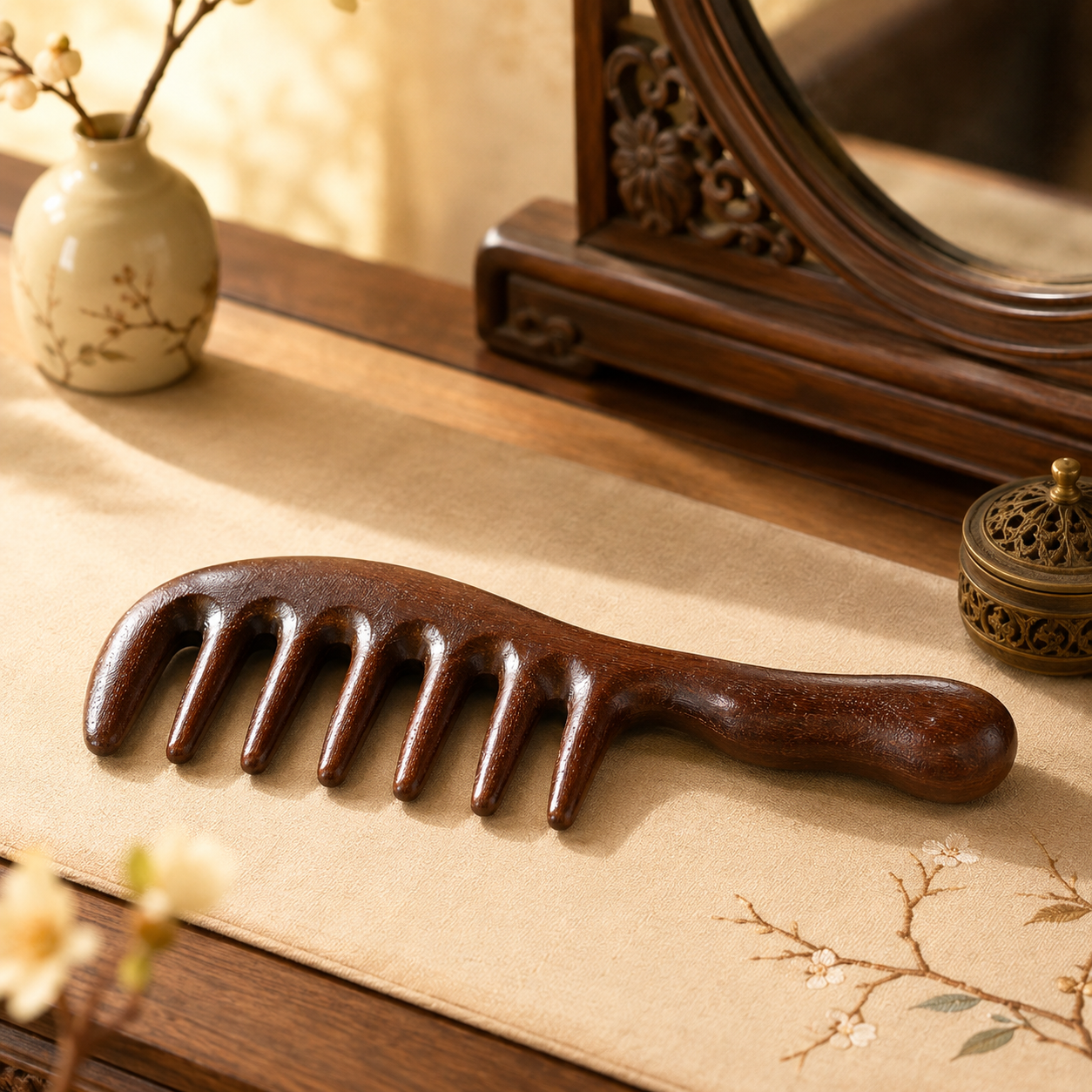 Grade-A Golden Sandalwood Seven-Tooth Massage Comb – Wide Tooth Wooden Scalp Massage Hair Comb