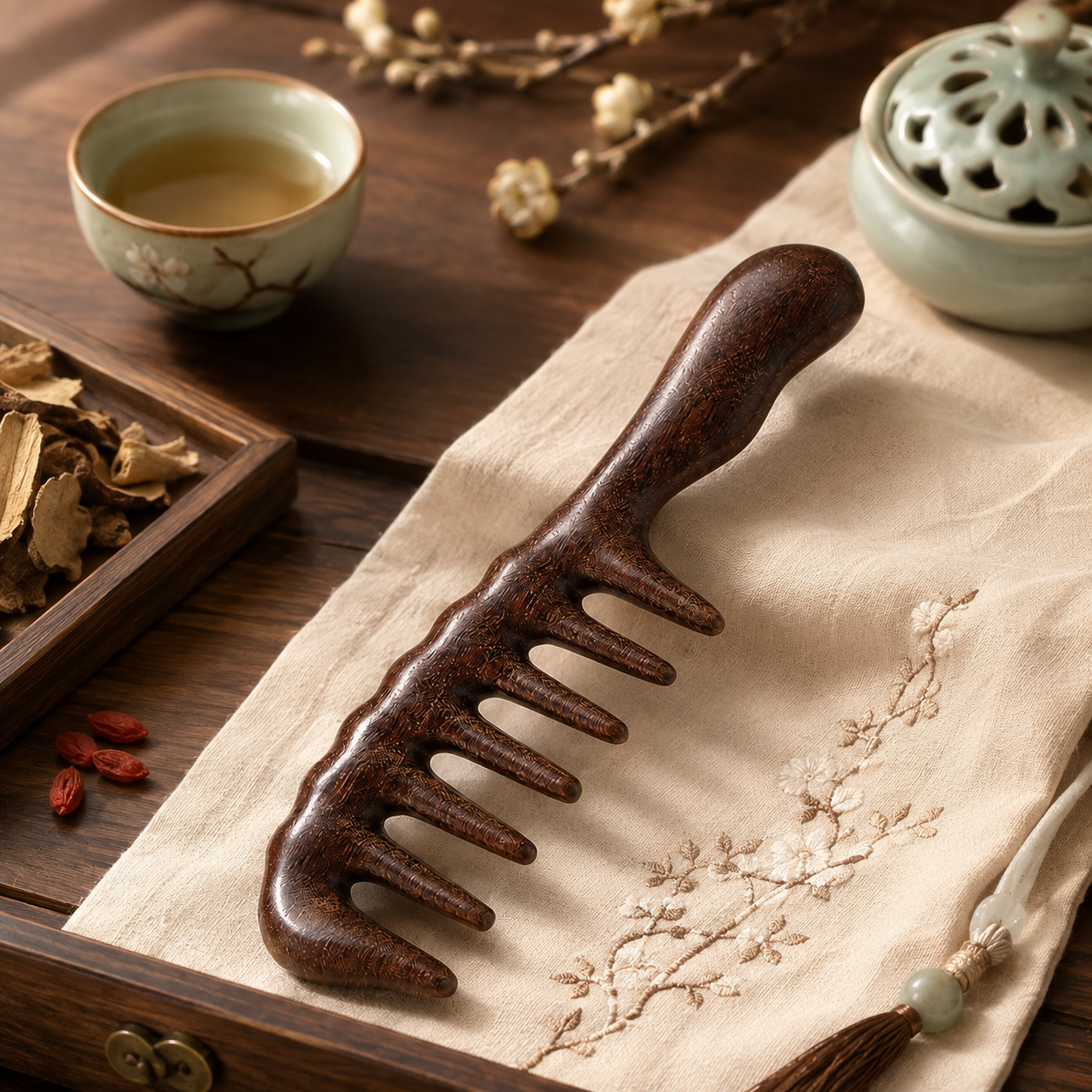 Grade-A Golden Sandalwood Seven-Tooth Massage Comb – Wide Tooth Wooden Scalp Massage Hair Comb