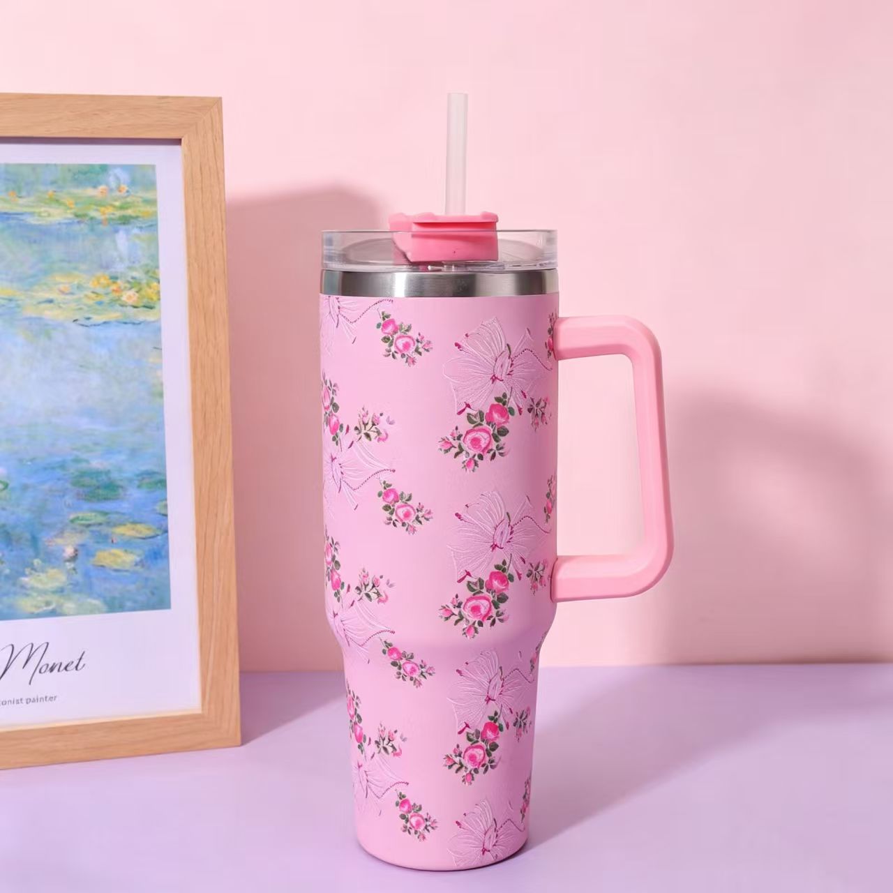 Floral Pattern 40oz Stainless Steel Insulated Tumbler with Straw & Handle – Large Capacity Travel Water Cup