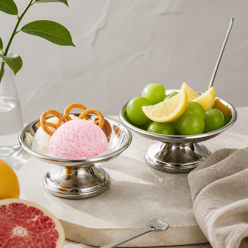 Stainless Steel Pedestal Dessert Cup, Round Footed Ice Cream Bowl for Bar and Cafe