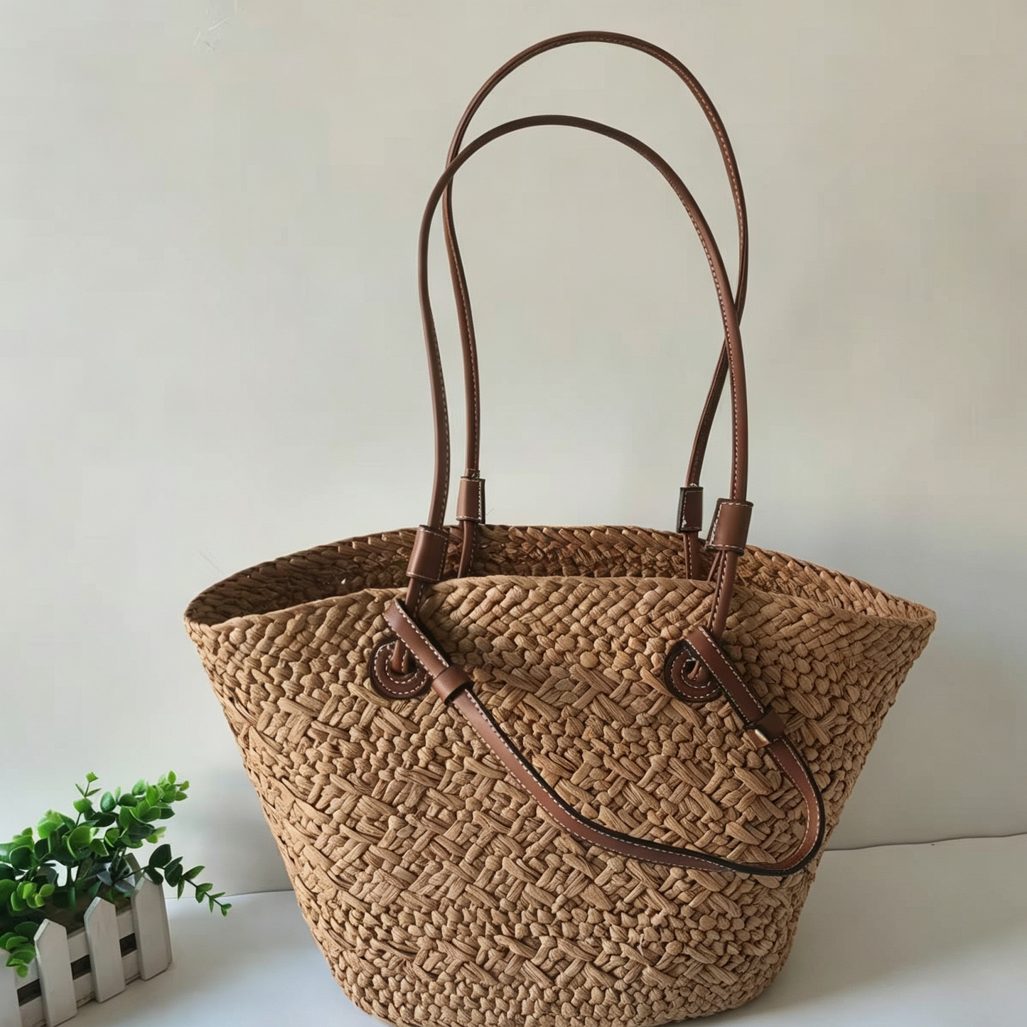 Large Woven Straw Tote Bag – Chinese Inspired Plaid Design Handbag for Summer Travel & Daily Use