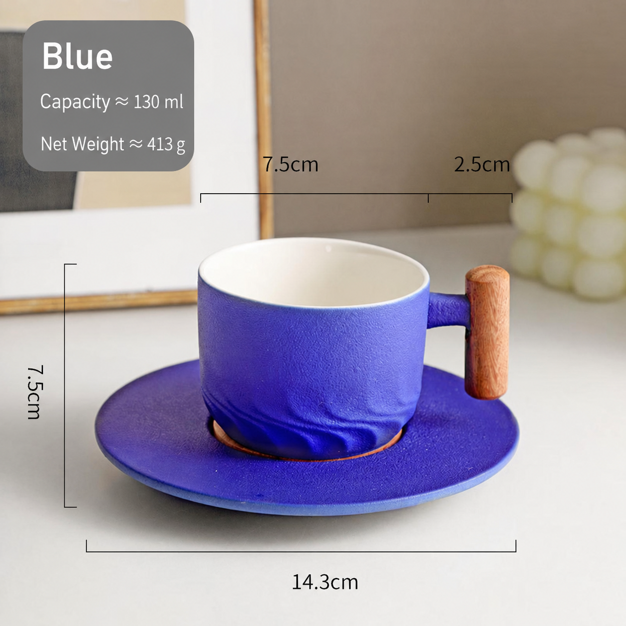 130ml Ceramic Coffee Cup with Saucer – Wooden Handle Espresso & Tea Cup Set for Café, Restaurant, Breakfast, Dessert & Home Use