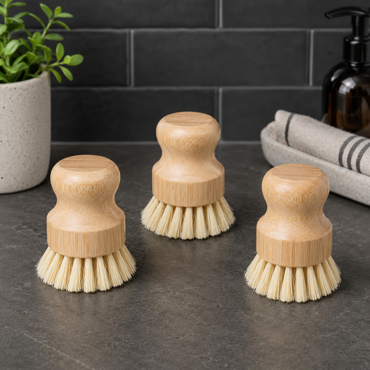 Natural Hardwood Pot Scrubber Brush with Sisal & Coconut Fiber Bristles, Heavy-Duty Kitchen Cleaning Brush