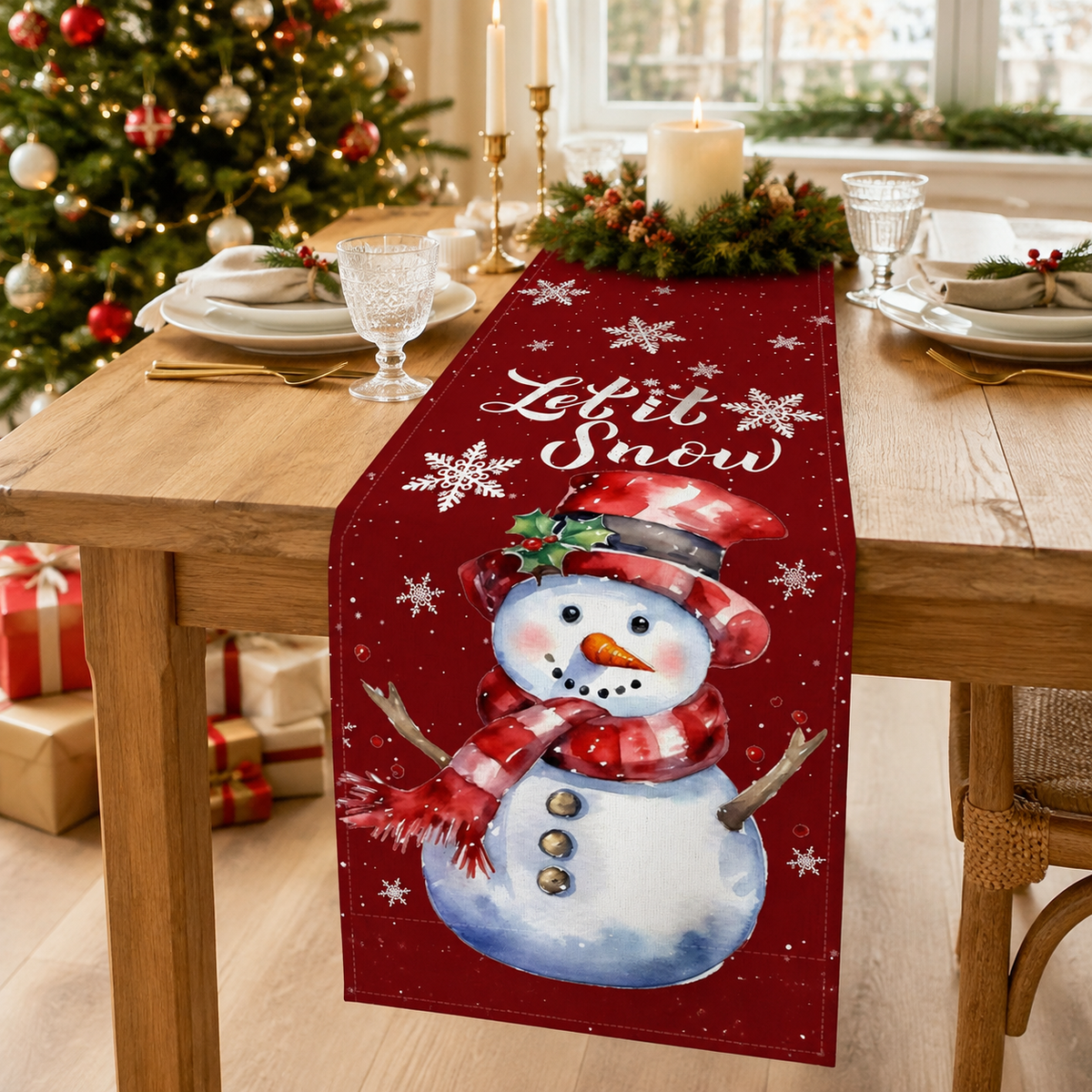 Christmas Snowman Linen Table Runner – Holiday Dining Table Decoration with Winter Snowflake Pattern, Rustic Christmas Home Decor