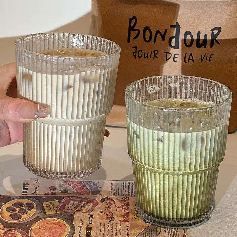 Striped Glass Cup with Lid and Straw 400ML Coffee Water Cup