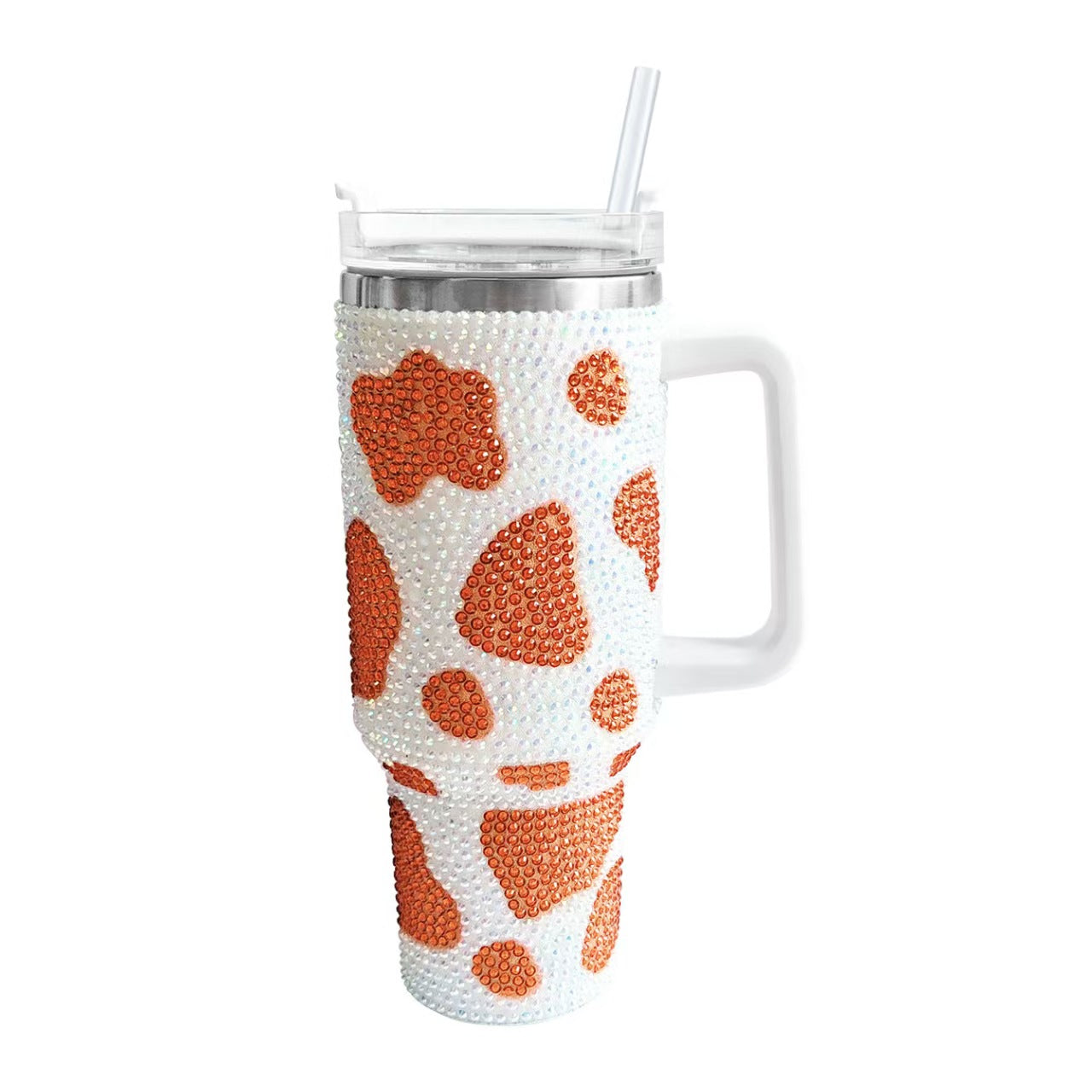 40oz Cow Print Sparkle Rhinestone Tumbler Stainless Steel With Handle Insulated Large Capacity Cup