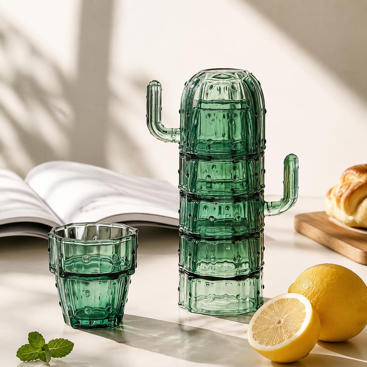 Stackable Cactus Glass Cup Set – Drinking Glasses for Water, Tea & Milk