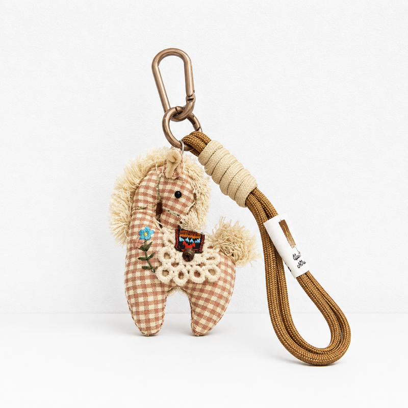 Vintage Horse Bag Charm – Cotton Linen Pony Pendant, Embroidered Animal Keychain for Backpack & Purse