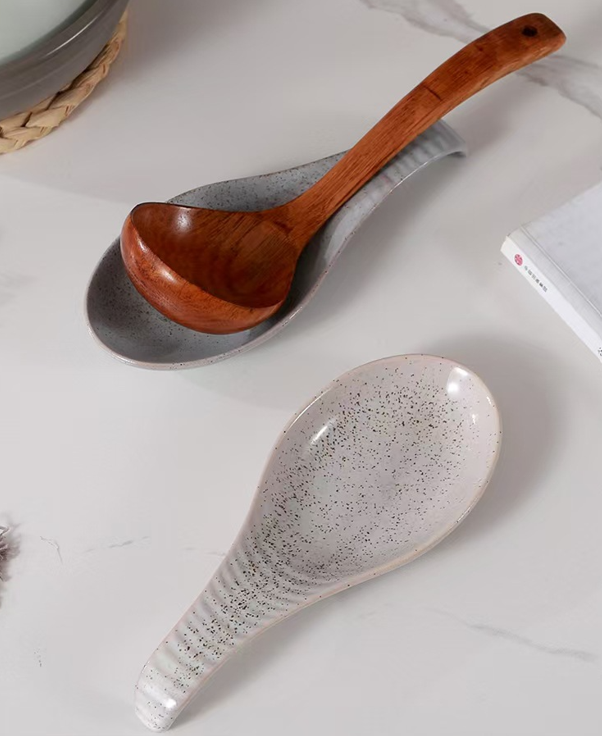 Ceramic Spoon Rest – Speckled Pottery Spoon Holder for Kitchen Countertop & Cooking Utensils