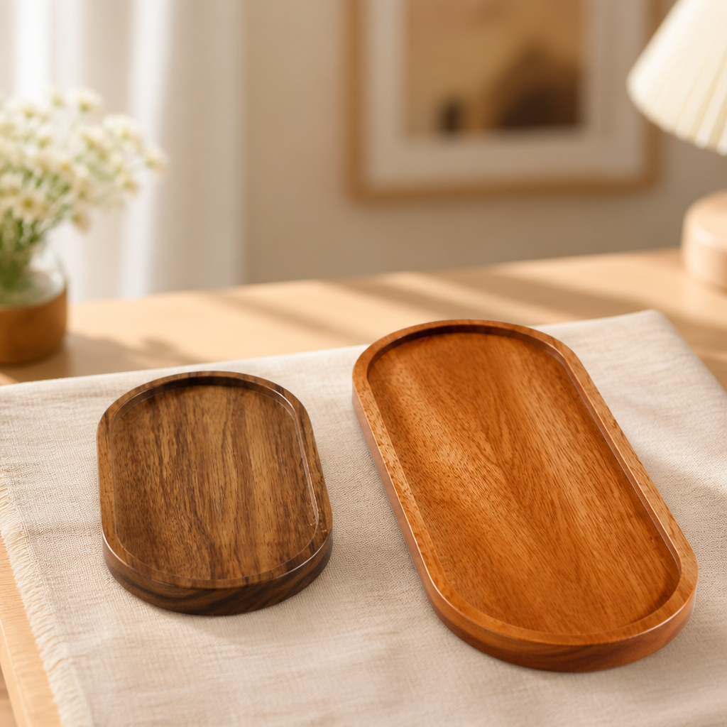 Acacia Wood Serving Tray, Oval Fruit Platter & Decorative Snack Board