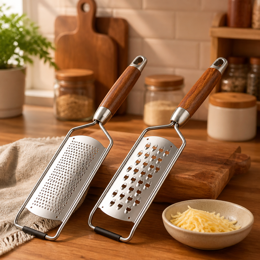 Stainless Steel Multifunctional Grater with Wood Handle, 4-in-1 Kitchen Shredder & Slicer for Potato, Carrot, Cucumber, and Cheese