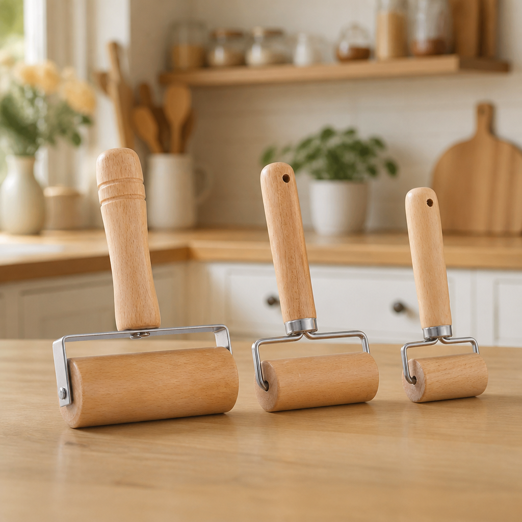 Beechwood Rolling Pin with Rotating Roller, Double-Handled Dough Roller for Pizza, Pie Crust, Cookies, Pasta, and Bakery Use