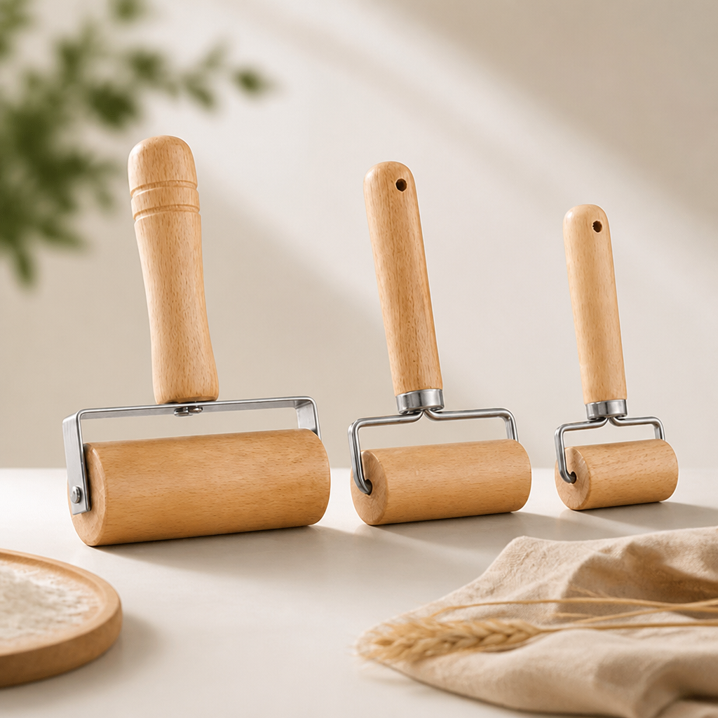Beechwood Rolling Pin with Rotating Roller, Double-Handled Dough Roller for Pizza, Pie Crust, Cookies, Pasta, and Bakery Use