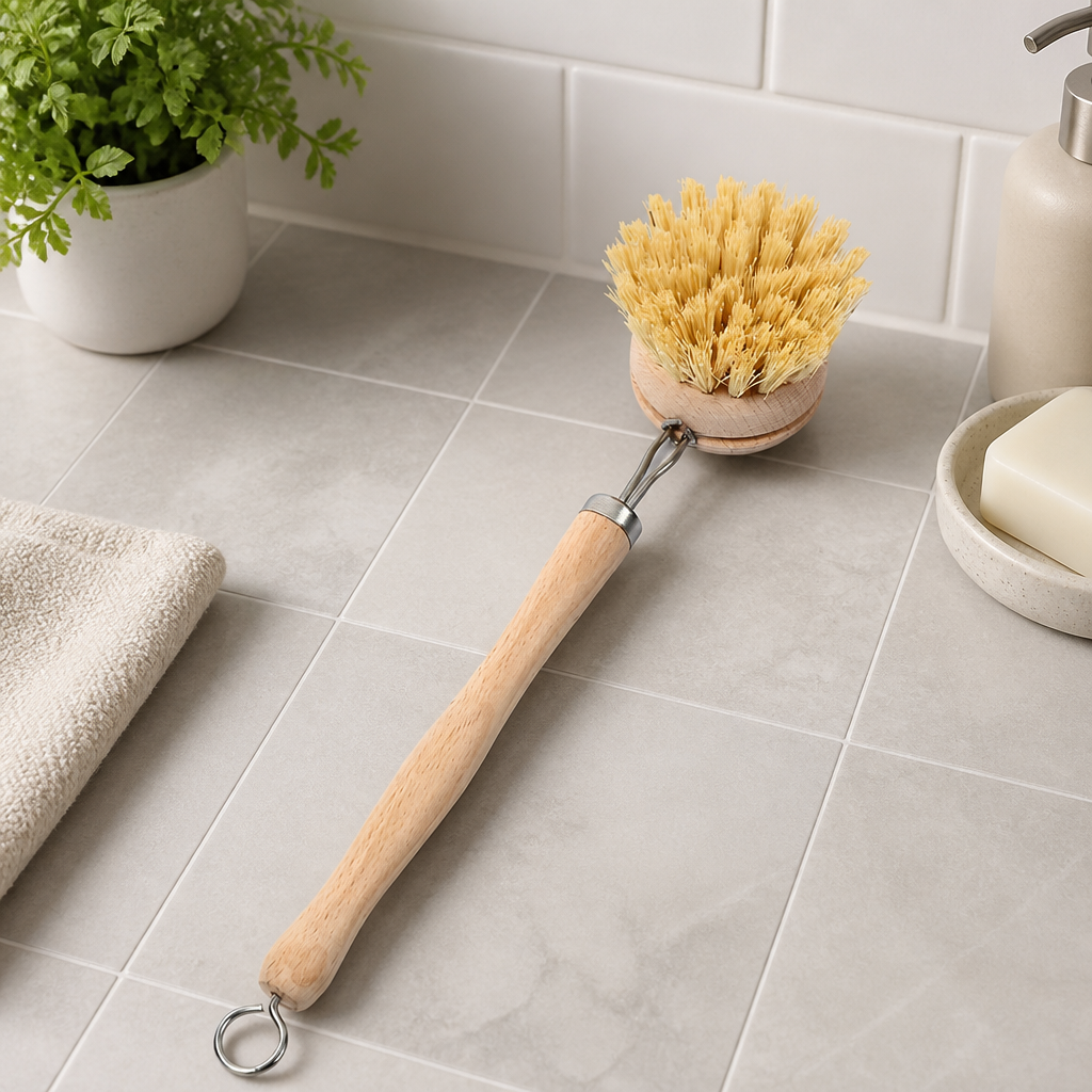 Beechwood Long-Handled Pot Scrubber, Natural Loofah & Sisal Kitchen Cleaning Brush for Non-Stick Pans, Cast Iron, and Dishwashing – Eco-Friendly