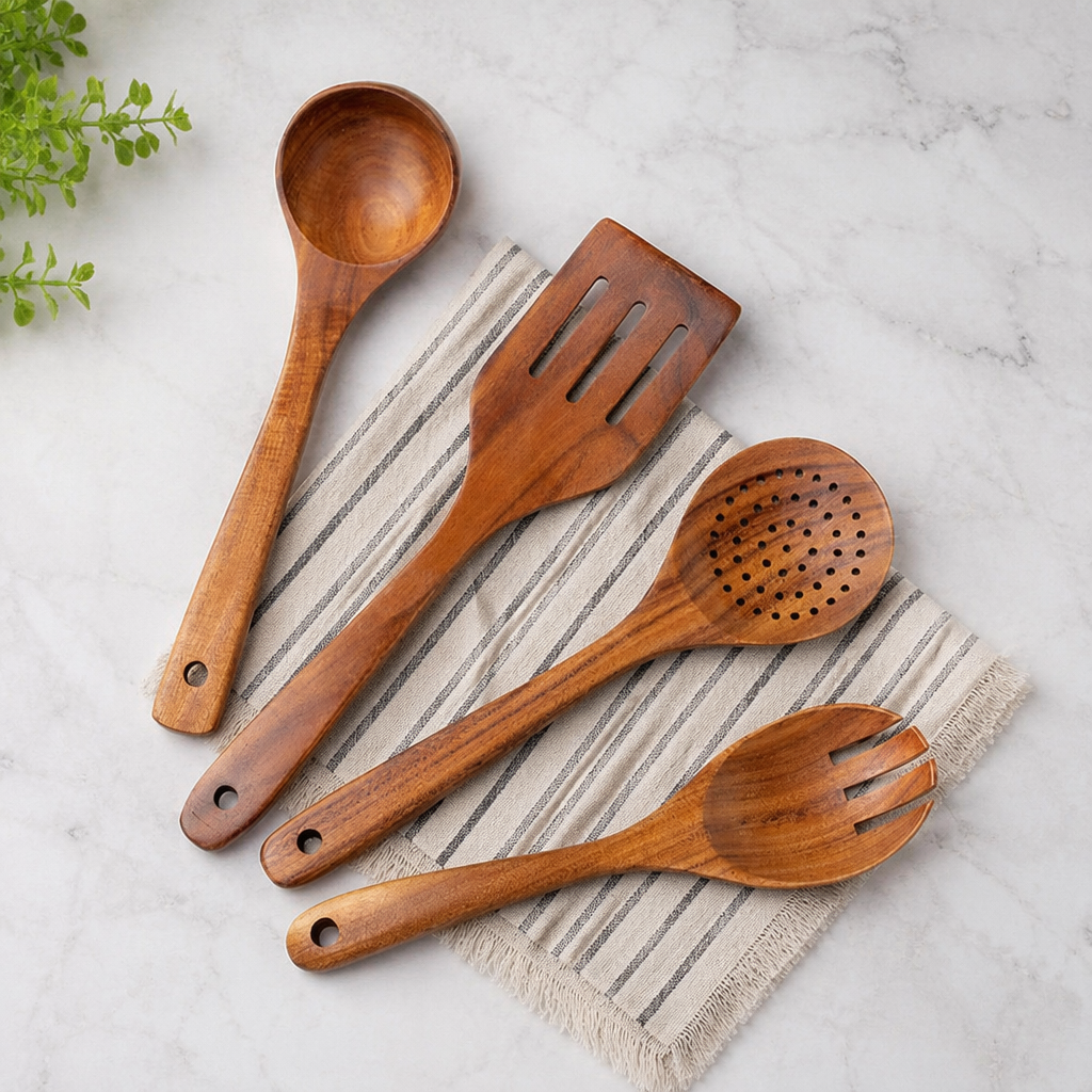 Chicken Wing Wood Spatula & Soup Ladle Set – Natural Uncoated Wooden Cooking Utensils, Non-Scratch