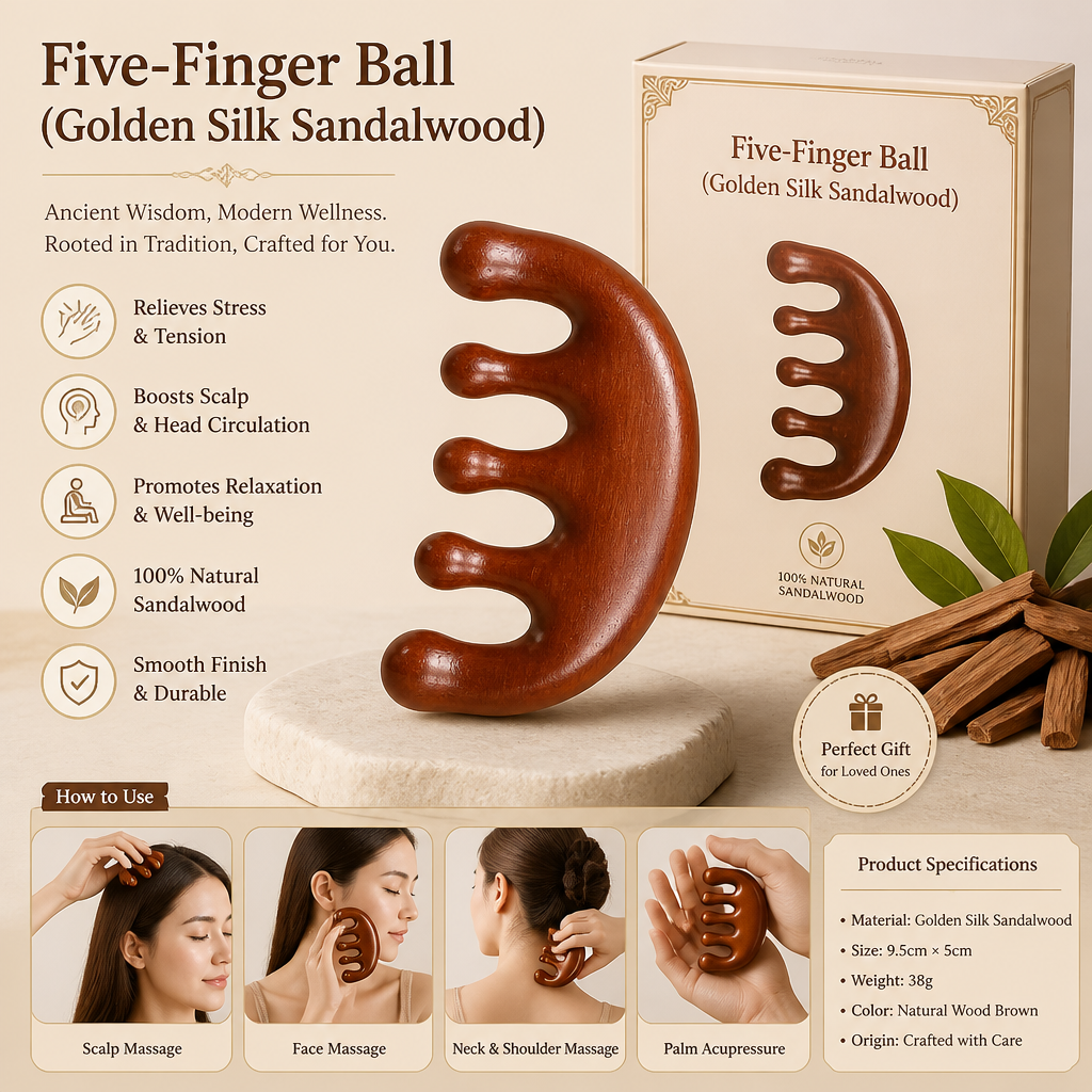 Golden Silk Sandalwood Five-Tooth Massage Comb