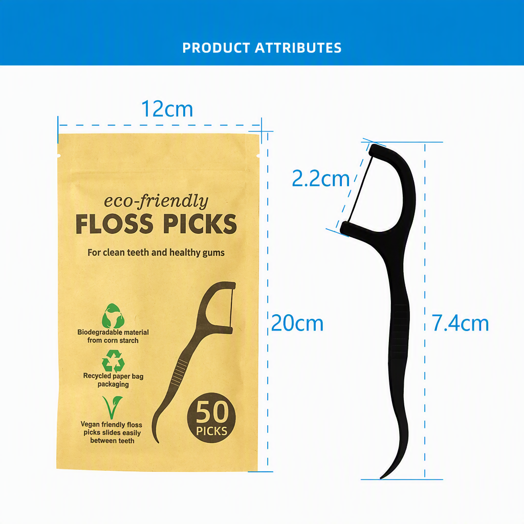 Biodegradable Bamboo Charcoal Floss Picks – 50 Picks per Bag Eco-Friendly Dental Floss