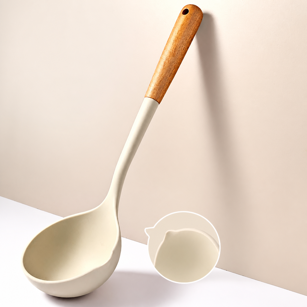 Silicone Soup Ladle – Heat Resistant Cooking Spoon with Wooden Handle, Large Capacity Kitchen Serving Ladle