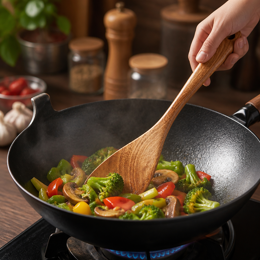 Natural Ebony Wood Wok Spatula – 32cm Curved Handle Cooking Turner