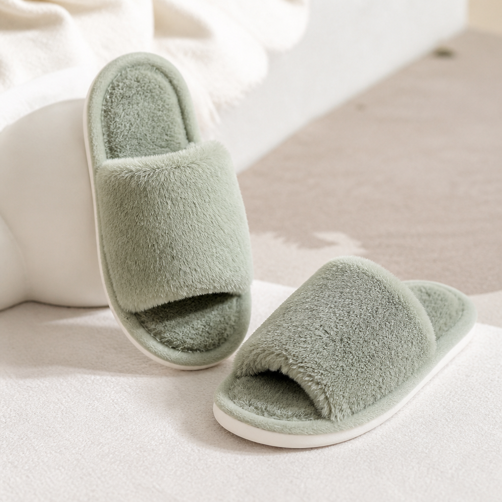 Open-Toe Plush Slippers for Women – Soft, Warm, Breathable & Lightweight Indoor Footwear