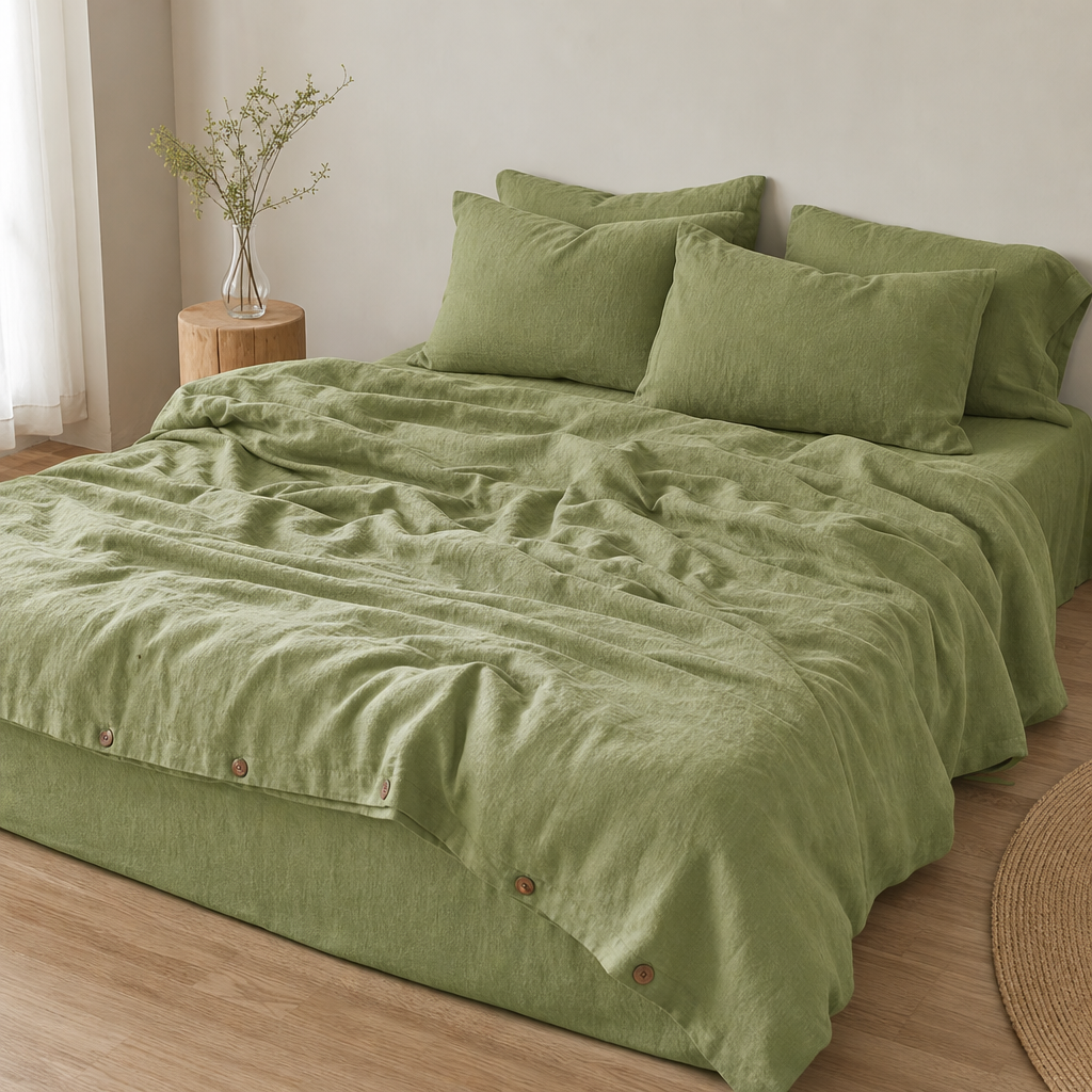 Pure Linen 4-Piece Fitted Sheet Bedding Set – Solid Color Minimalist Design