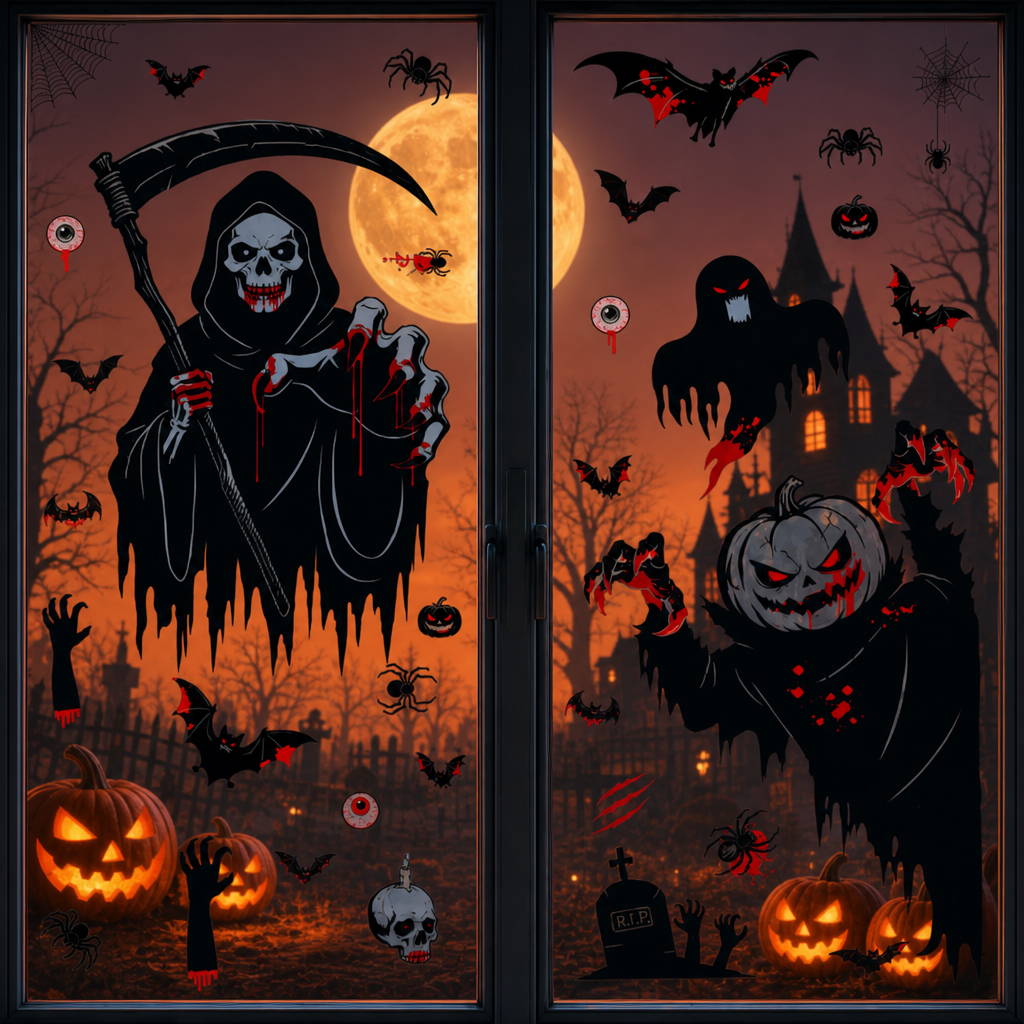 Halloween Horror Window Stickers – Pumpkin Skull Grim Reaper Scythe Glass Decals