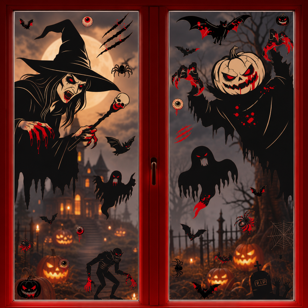 Halloween Horror Window Stickers – Pumpkin Skull Grim Reaper Scythe Glass Decals